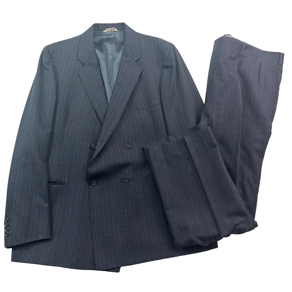 vtg 70s Oleg Cassini 46L 46x34 2pc Pant Suit Double Breasted Navy Blue Stripe